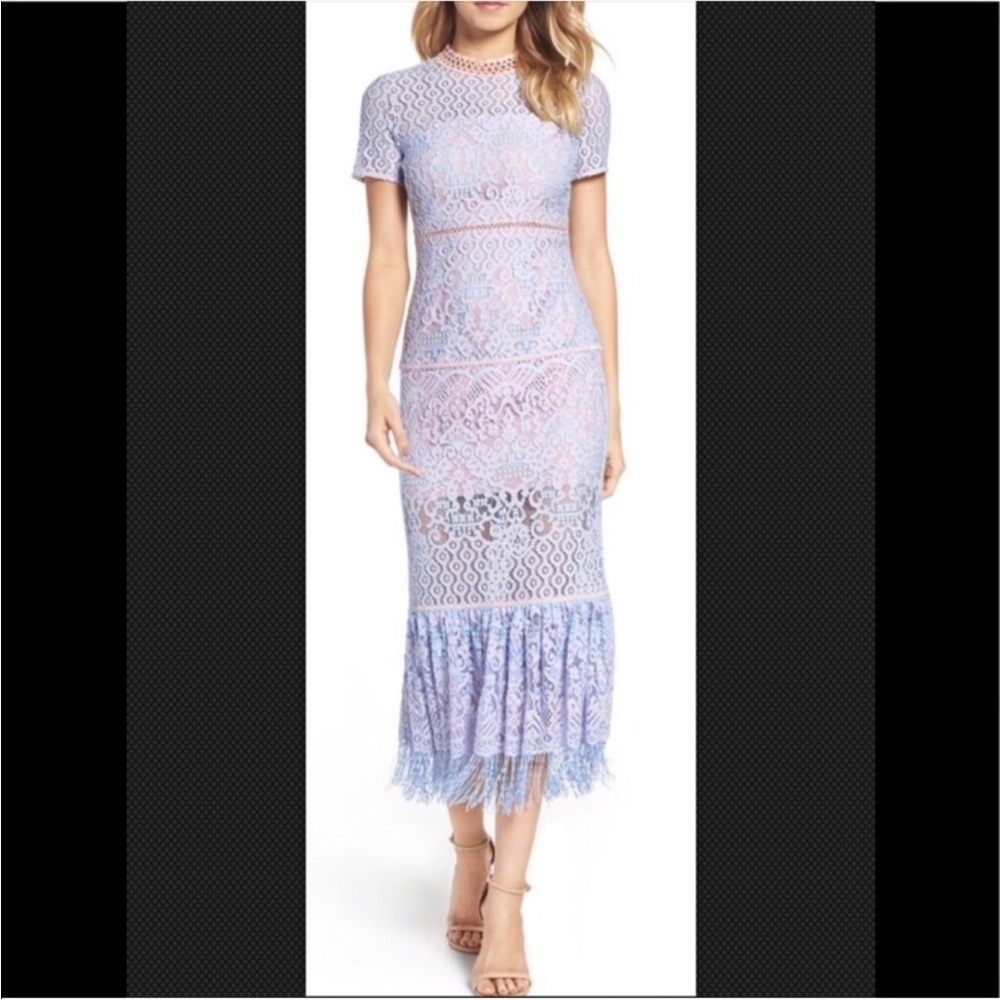 Foxiedox Lace Midi Dress blue and pink lace